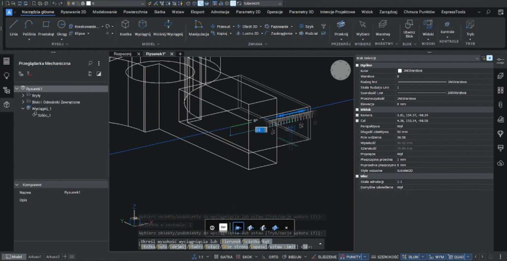 Proces odjęcia prostokąta od modelu bricscad