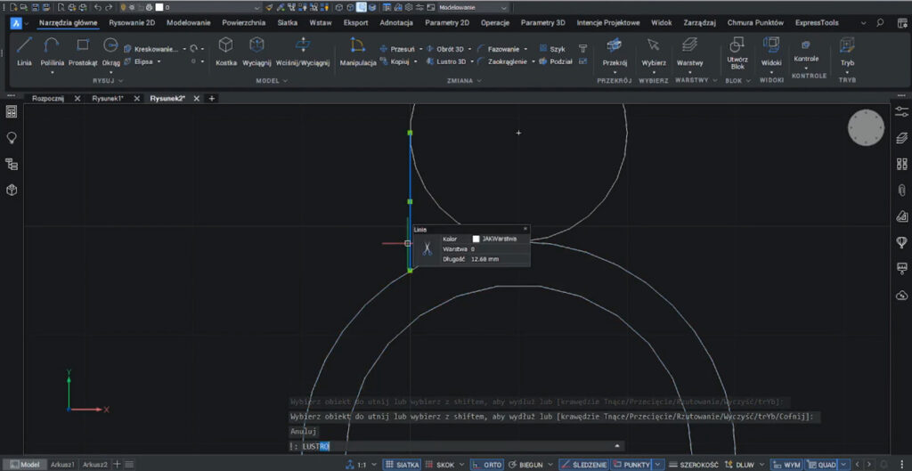 Korzystanie z narzędzia lustro, odbicie prostej w BricsCAD