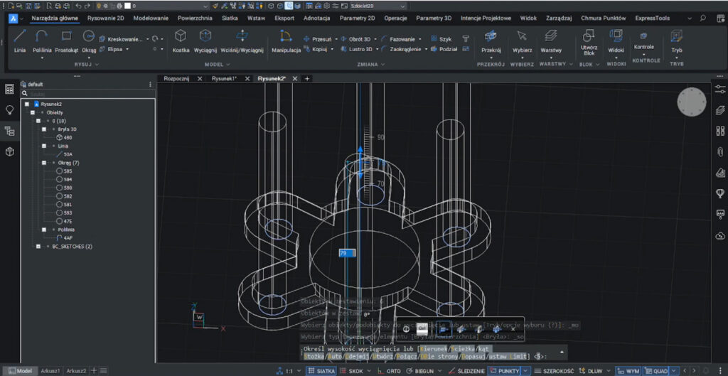 Zastosowanie narzędzia odejmowania w celu wycięcia okręgów w modelu 3D BricsCAD