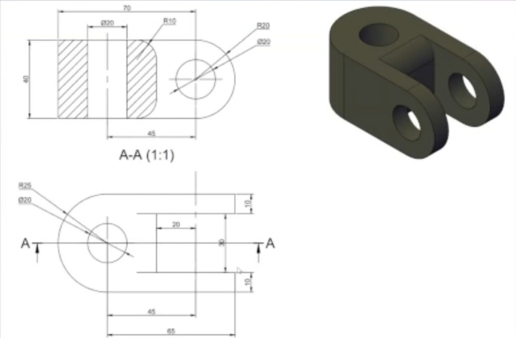 Przykład operacji boolowskiej w BricsCAD – odejmowanie cylindra od bryły