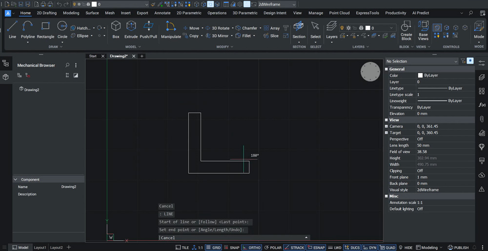 BricsCAD: szkic przekroju kątownika 100×100×20 z włączonym Orto i wykrywaniem granic