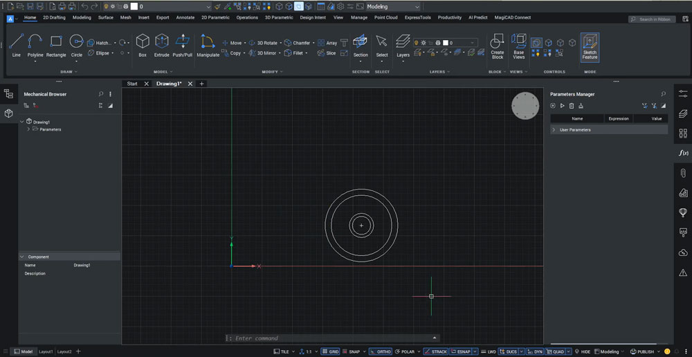 BricsCAD: dwa okręgi 30 mm i 120 mm oraz pomocnicze R20 i R50 tworzące zarys koła