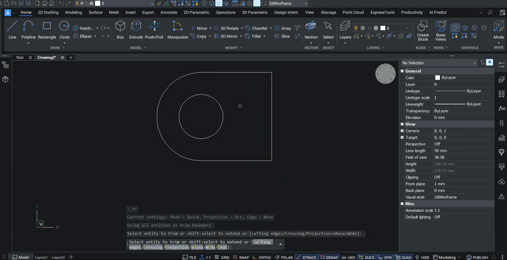 BricsCAD: szkic profilu F25 R25 z ramieniem 40 mm z włączonym przyciąganiem punktów