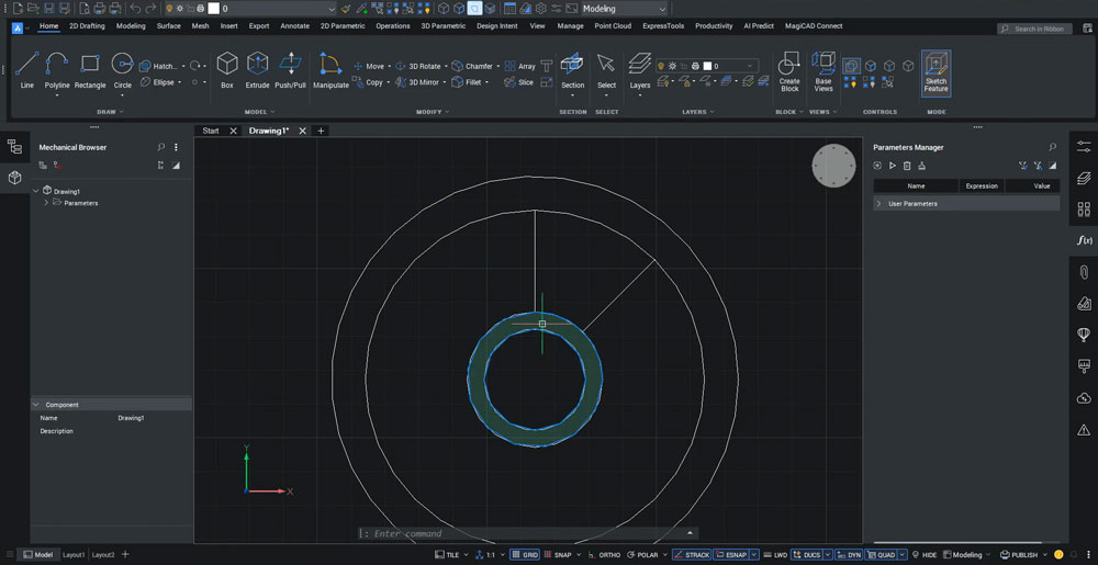 BricsCAD: linie pod kątem 45 stopni wyznaczające pole wycięcia na kole