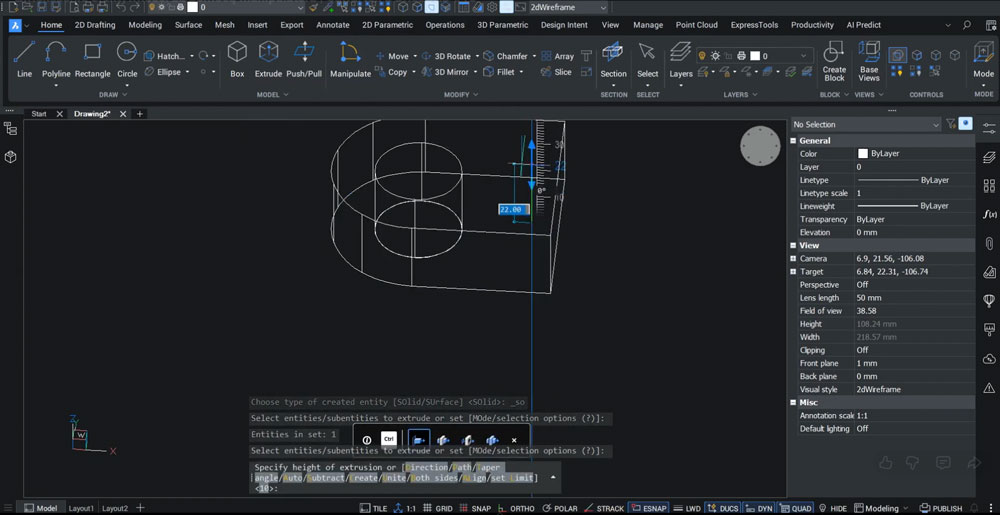 BricsCAD: wyciągnięta bryła 10 mm ze szkicu skrzydła