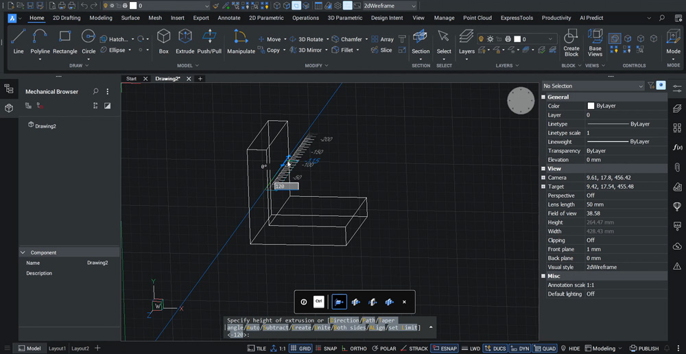 BricsCAD: wyciągnięta bryła kątownika na długość 120 mm