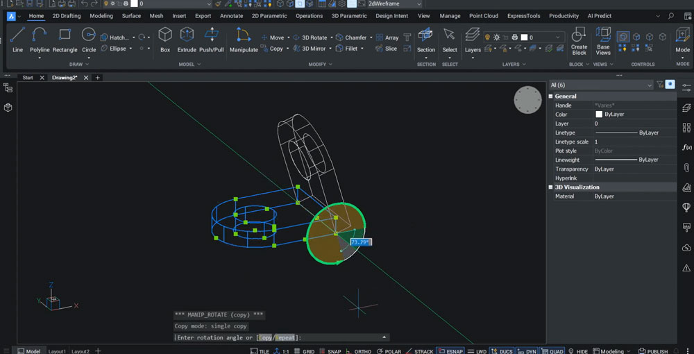BricsCAD: obrót bryły o 90 stopni z użyciem manipulatora (zielona oś)