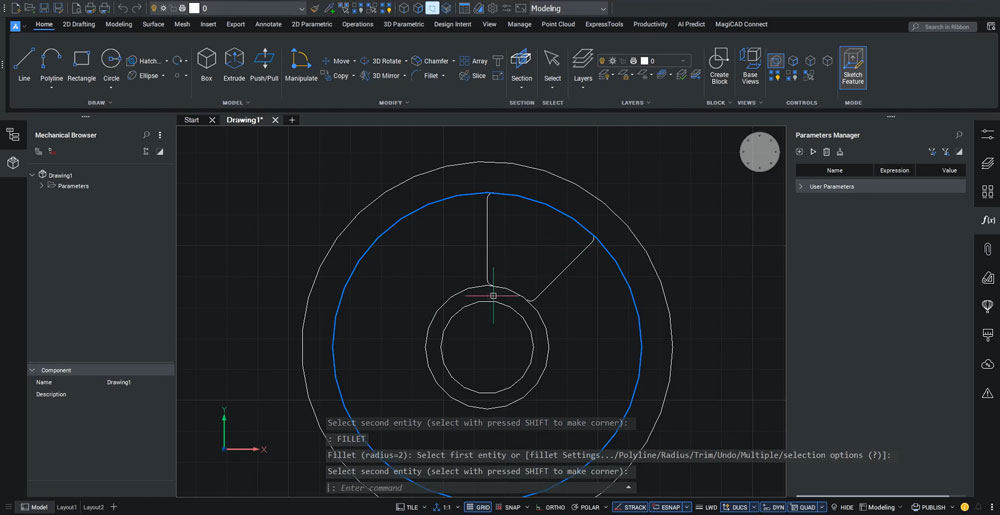 BricsCAD: cztery zaokrąglenia R2 dodane do szkicu wycięcia koła