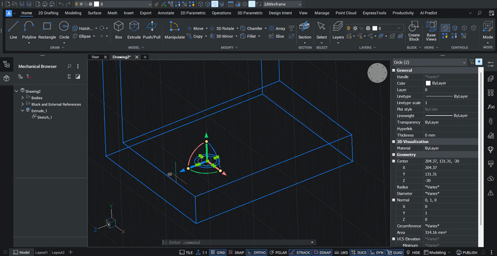 BricsCAD: okręgi Ø12 i Ø16 przesunięte o 30 mm w obu osiach z użyciem manipulatora