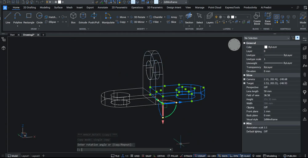 BricsCAD: trójramienny element powielony obracaniem manipulatorem o 90 stopni
