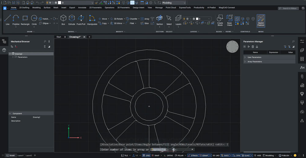 BricsCAD: polar array osiem wycięć rozmieszczonych wokół środka koła