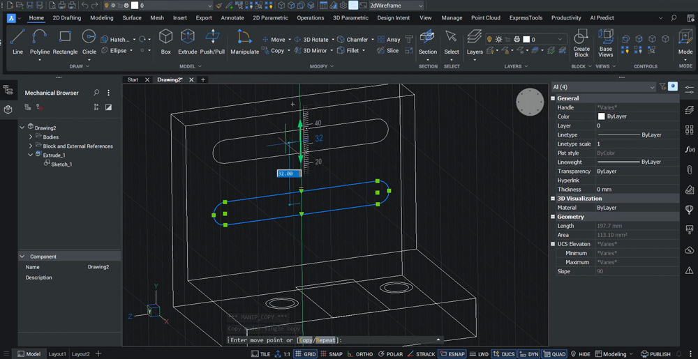 BricsCAD: fasolki 12×92 z łukami R6 wypozycjonowane i powielone co 20 mm