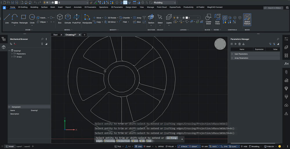 BricsCAD: rozbity szyk biegunowy i czyszczenie niepotrzebnych krawędzi przed wyciągnięciem