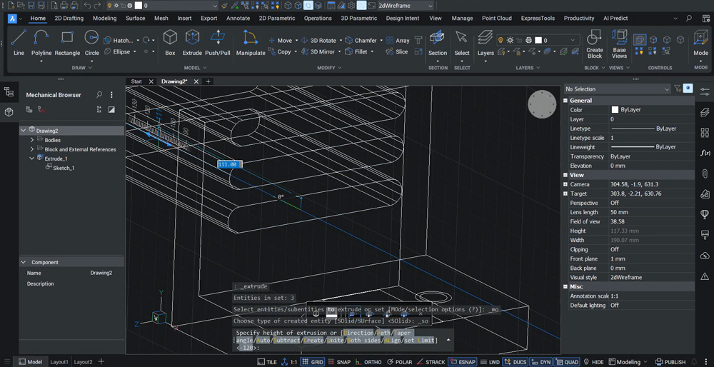 BricsCAD: przykład zastosowania operacji Subtract do bryły bazowej