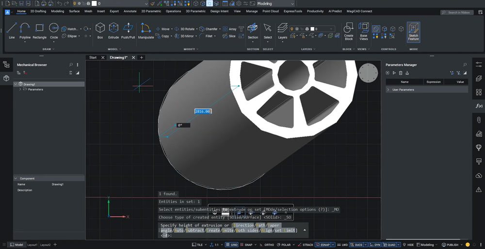 BricsCAD: wyciągnięta bryła 3D z szyku biegunowego wycięć na kole