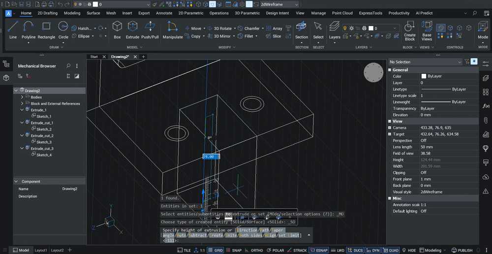 BricsCAD: wyciągnięte cylindry na 10 mm na górze bryły