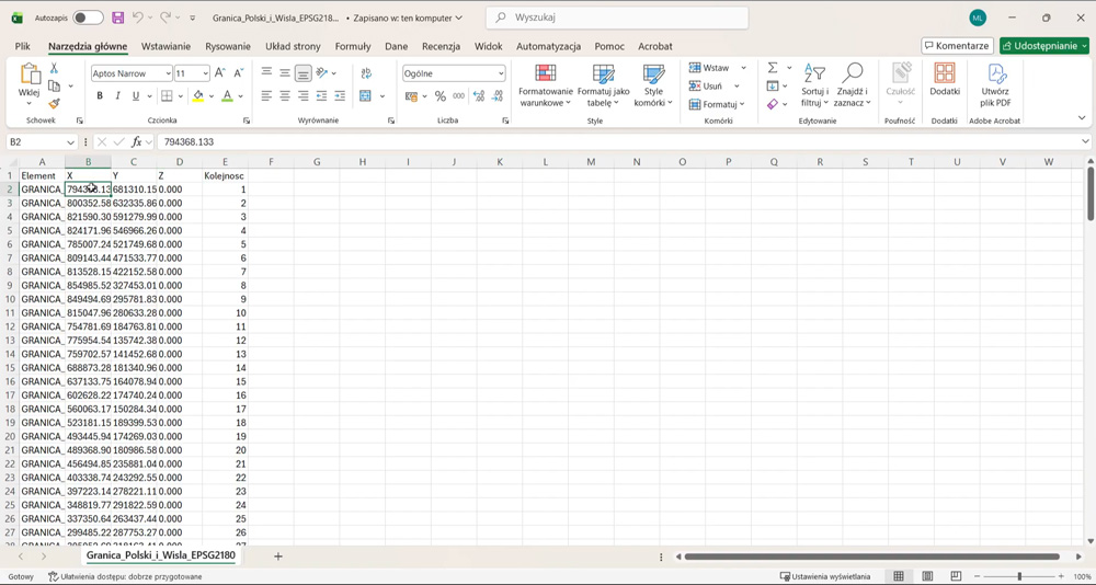  arkusz Excel z oddzielnymi kolumnami dla współrzędnych X, Y oraz Z.